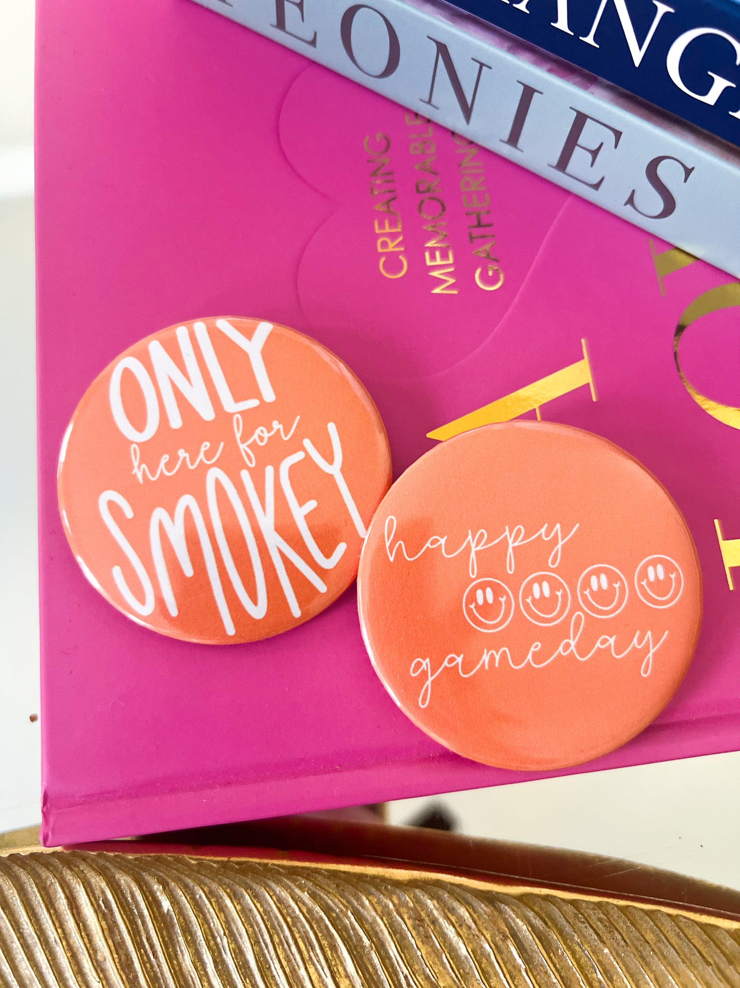 Happy Gameday Button- Orange Smiley