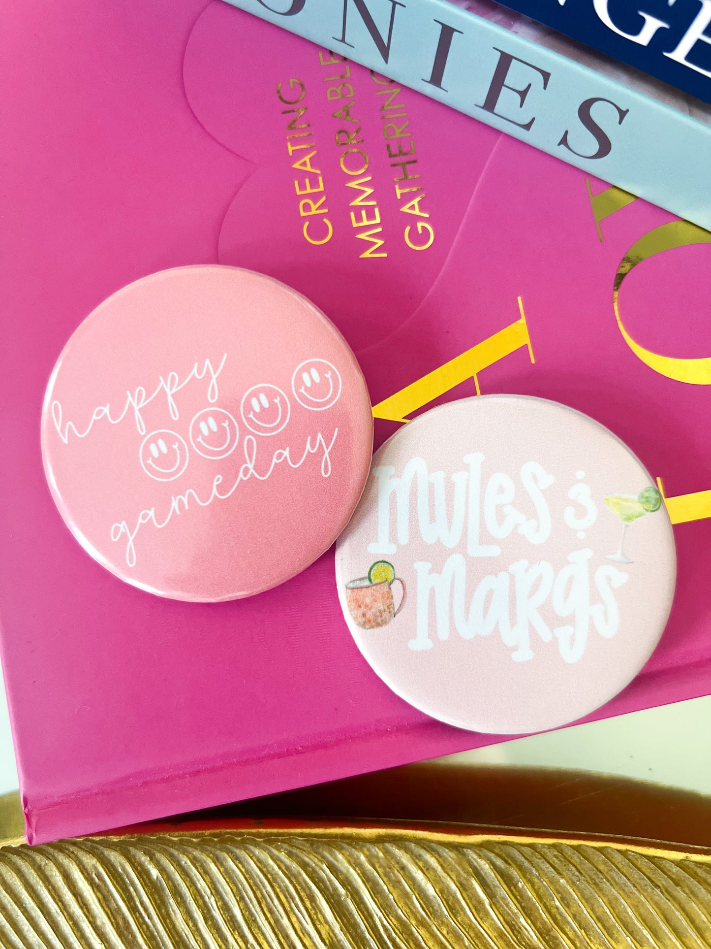 Happy Gameday Button- Pink Smiley