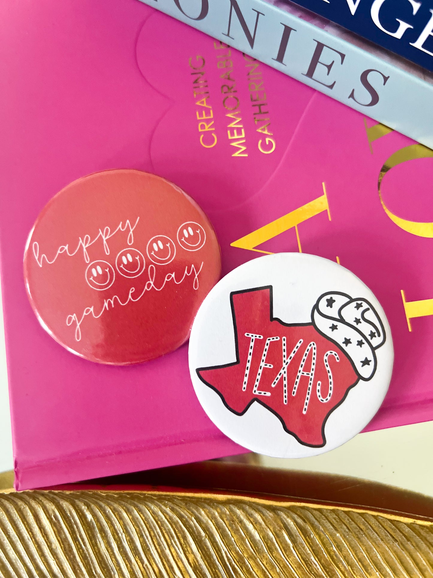 Happy Gameday Button- Red Smiley