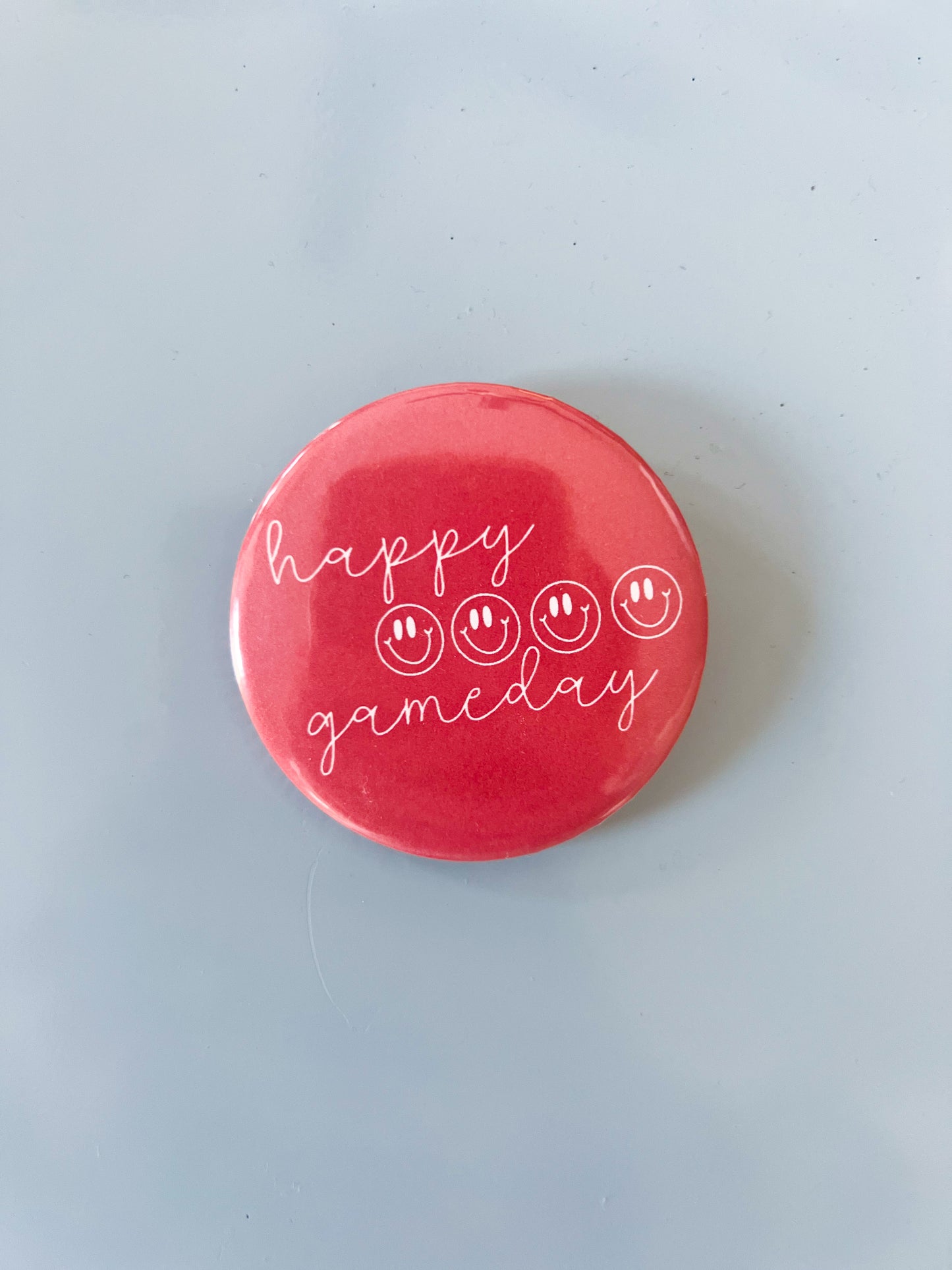 Happy Gameday Button- Red Smiley