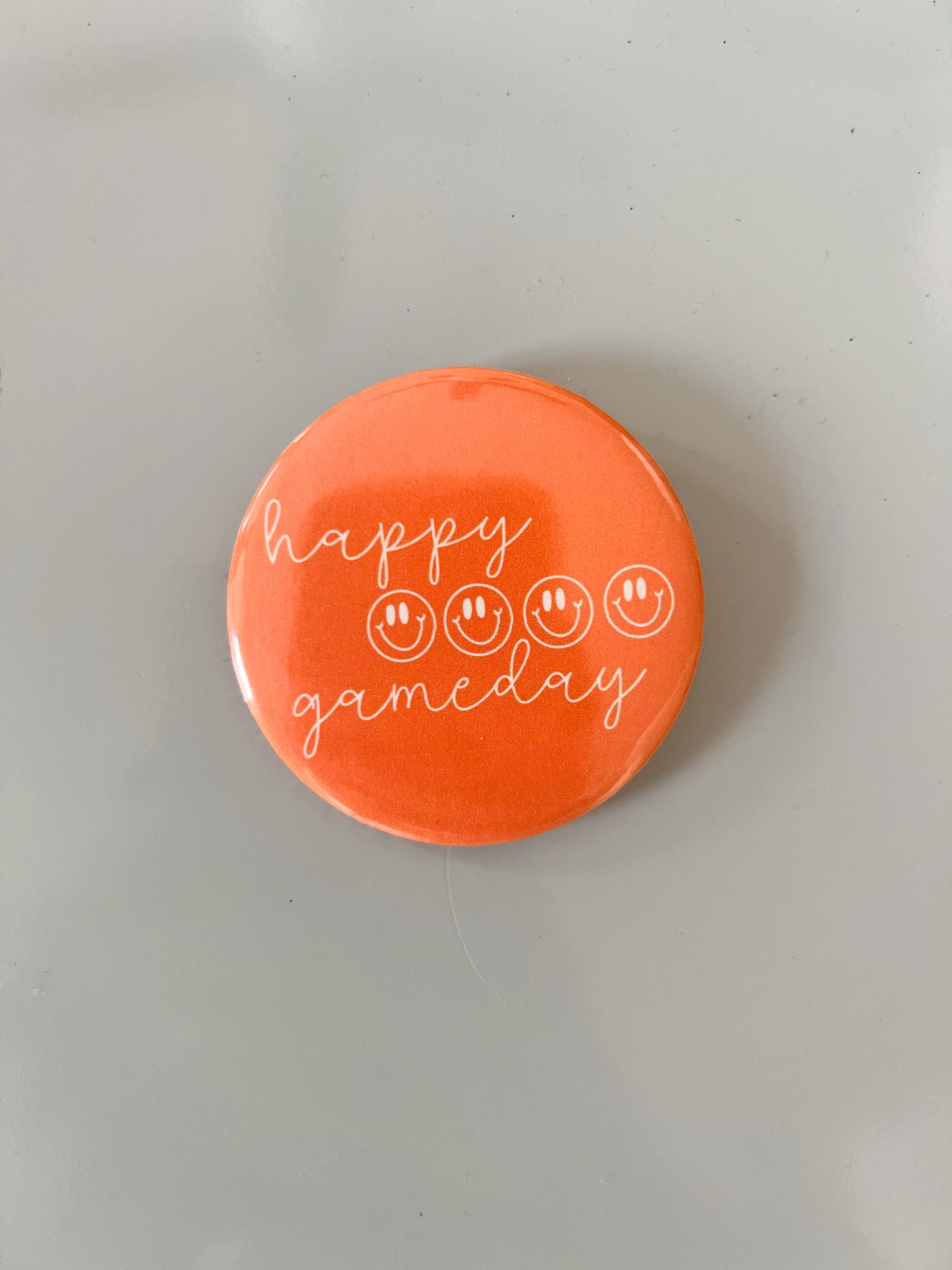 Happy Gameday Button- Orange Smiley